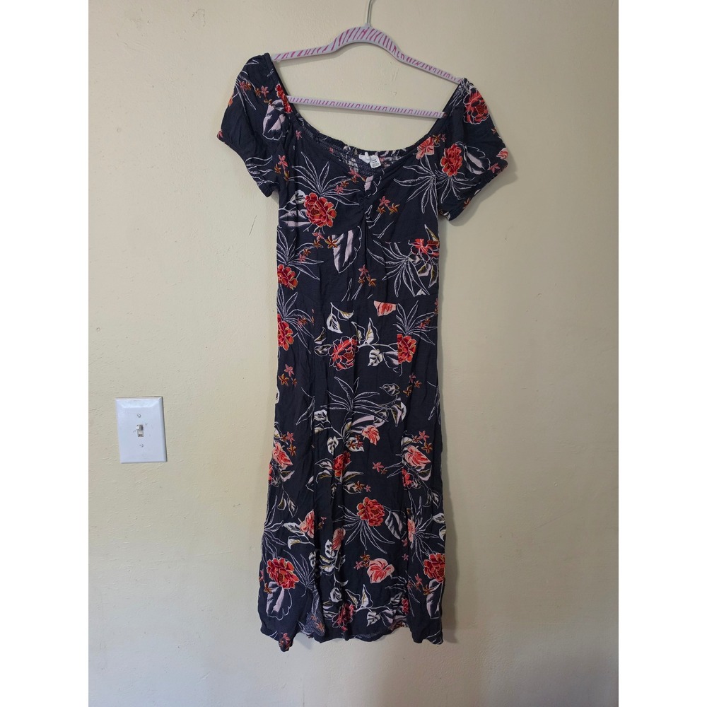 Roxy Womens Navy Blue Floral Off The Shoulder Smocked Midi Dress Size Medium